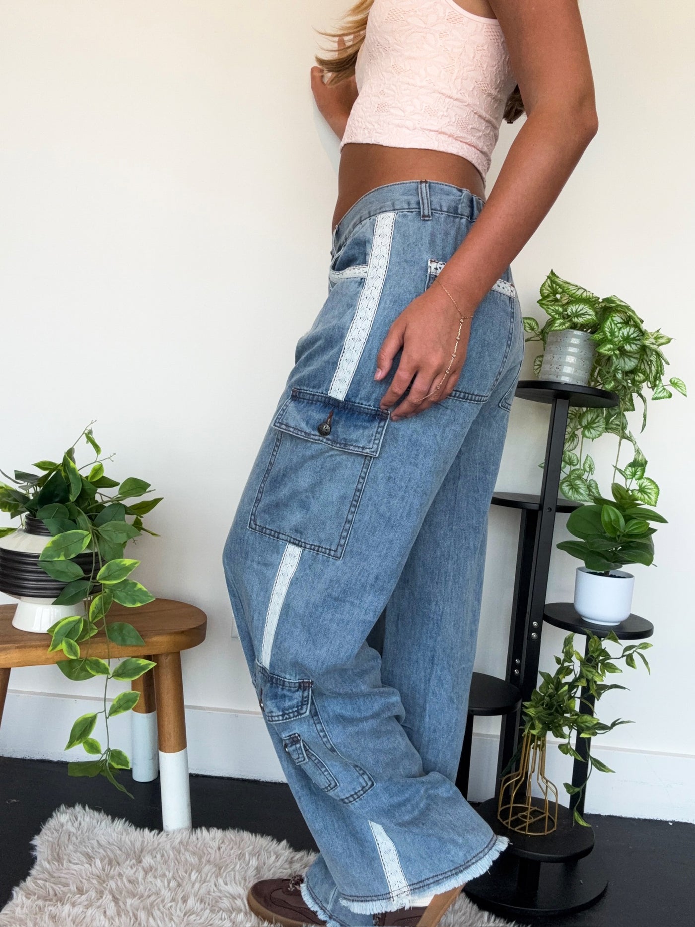 Lace Trim Cargo Denim-150 - BOTTOMS - DENIM-POL-[option4]-[option5]-[option6]-Leather & Lace Boutique Shop