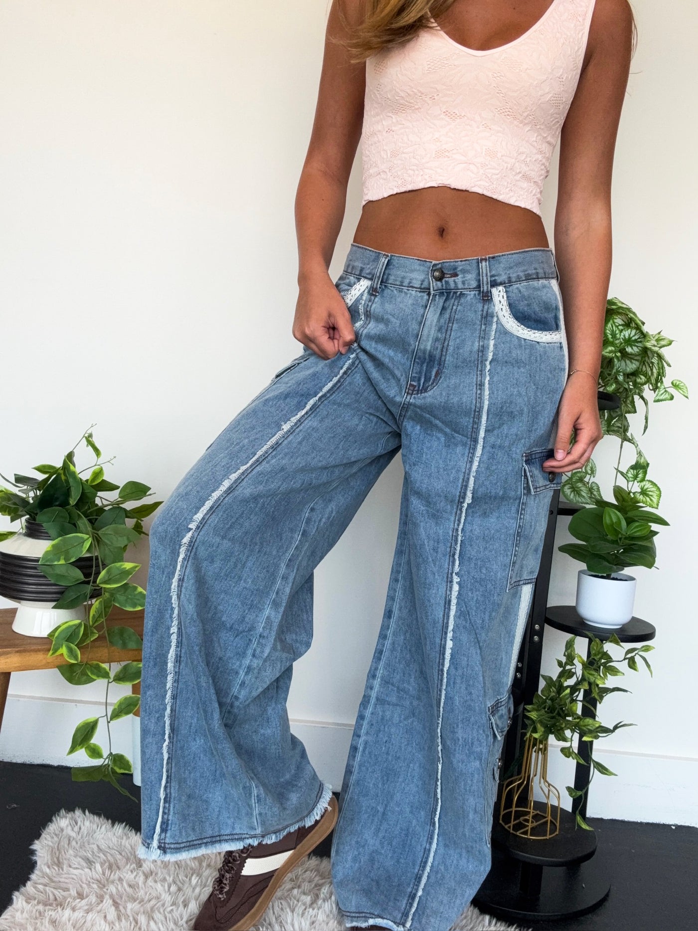 Lace Trim Cargo Denim-150 - BOTTOMS - DENIM-POL-[option4]-[option5]-[option6]-Leather & Lace Boutique Shop