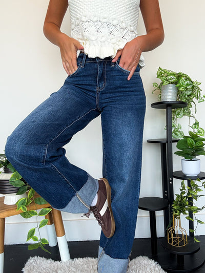 Dark Wash High Cuff Denim-150 - BOTTOMS - DENIM-LOVERET-[option4]-[option5]-[option6]-Leather & Lace Boutique Shop