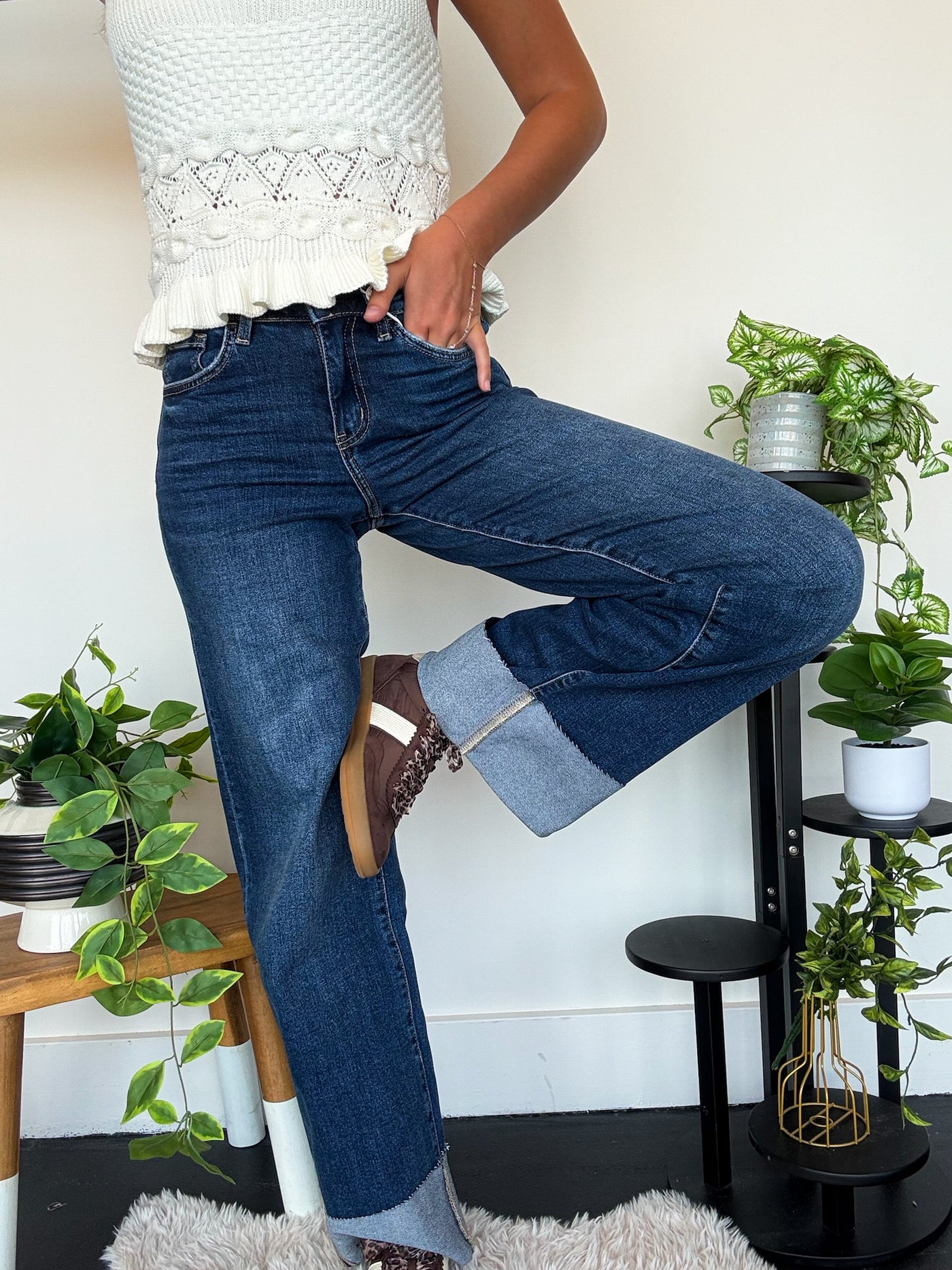 Dark Wash High Cuff Denim-150 - BOTTOMS - DENIM-LOVERET-[option4]-[option5]-[option6]-Leather & Lace Boutique Shop