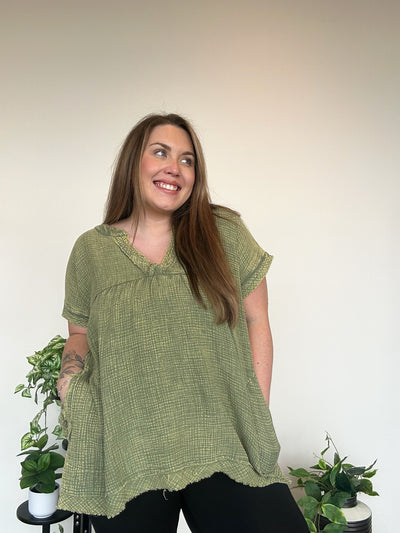 LLB EXCLUSIVE: Gathered Gauze Tunic- Olive-100 - TOPS - SHORT SLEEVE/SLEEVELESS-LEATHER & LACE-[option4]-[option5]-[option6]-Leather & Lace Boutique Shop