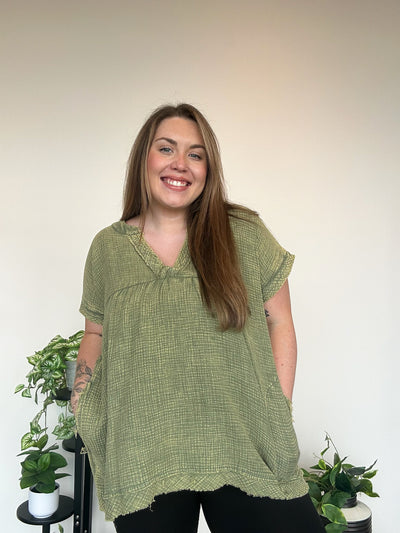 LLB EXCLUSIVE: Gathered Gauze Tunic- Olive-100 - TOPS - SHORT SLEEVE/SLEEVELESS-LEATHER & LACE-[option4]-[option5]-[option6]-Leather & Lace Boutique Shop