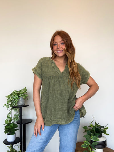LLB EXCLUSIVE: Gathered Gauze Tunic- Olive-100 - TOPS - SHORT SLEEVE/SLEEVELESS-LEATHER & LACE-[option4]-[option5]-[option6]-Leather & Lace Boutique Shop