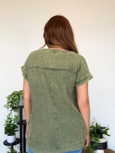 LLB EXCLUSIVE: Gathered Gauze Tunic- Olive-100 - TOPS - SHORT SLEEVE/SLEEVELESS-LEATHER & LACE-[option4]-[option5]-[option6]-Leather & Lace Boutique Shop