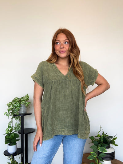 LLB EXCLUSIVE: Gathered Gauze Tunic- Olive-100 - TOPS - SHORT SLEEVE/SLEEVELESS-LEATHER & LACE-[option4]-[option5]-[option6]-Leather & Lace Boutique Shop