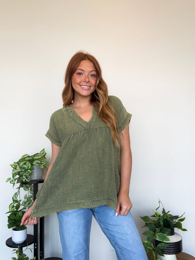 LLB EXCLUSIVE: Gathered Gauze Tunic- Olive-100 - TOPS - SHORT SLEEVE/SLEEVELESS-LEATHER & LACE-[option4]-[option5]-[option6]-Leather & Lace Boutique Shop