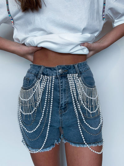 Wrap Me In Pearls Denim Shorts-150 - BOTTOMS - DENIM-ANNES APPAREL-[option4]-[option5]-[option6]-Leather & Lace Boutique Shop