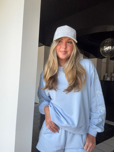 Bow Embroidered Crewneck- Blue-130 - TOPS - SWEATERS/SWEATSHIRTS-MAIN STRIP-[option4]-[option5]-[option6]-Leather & Lace Boutique Shop