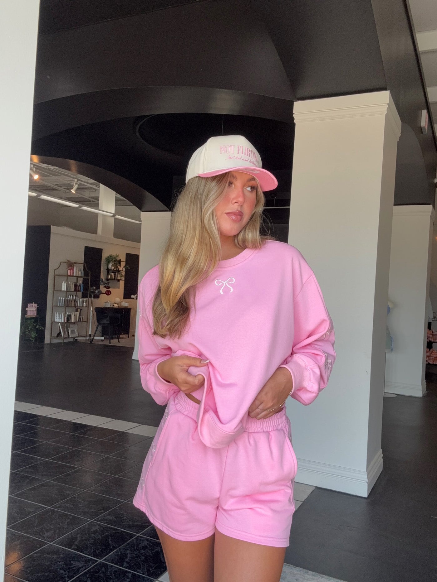 Bow Embroidered Crewneck- Pink-130 - TOPS - SWEATERS/SWEATSHIRTS-MAIN STRIP-[option4]-[option5]-[option6]-Leather & Lace Boutique Shop