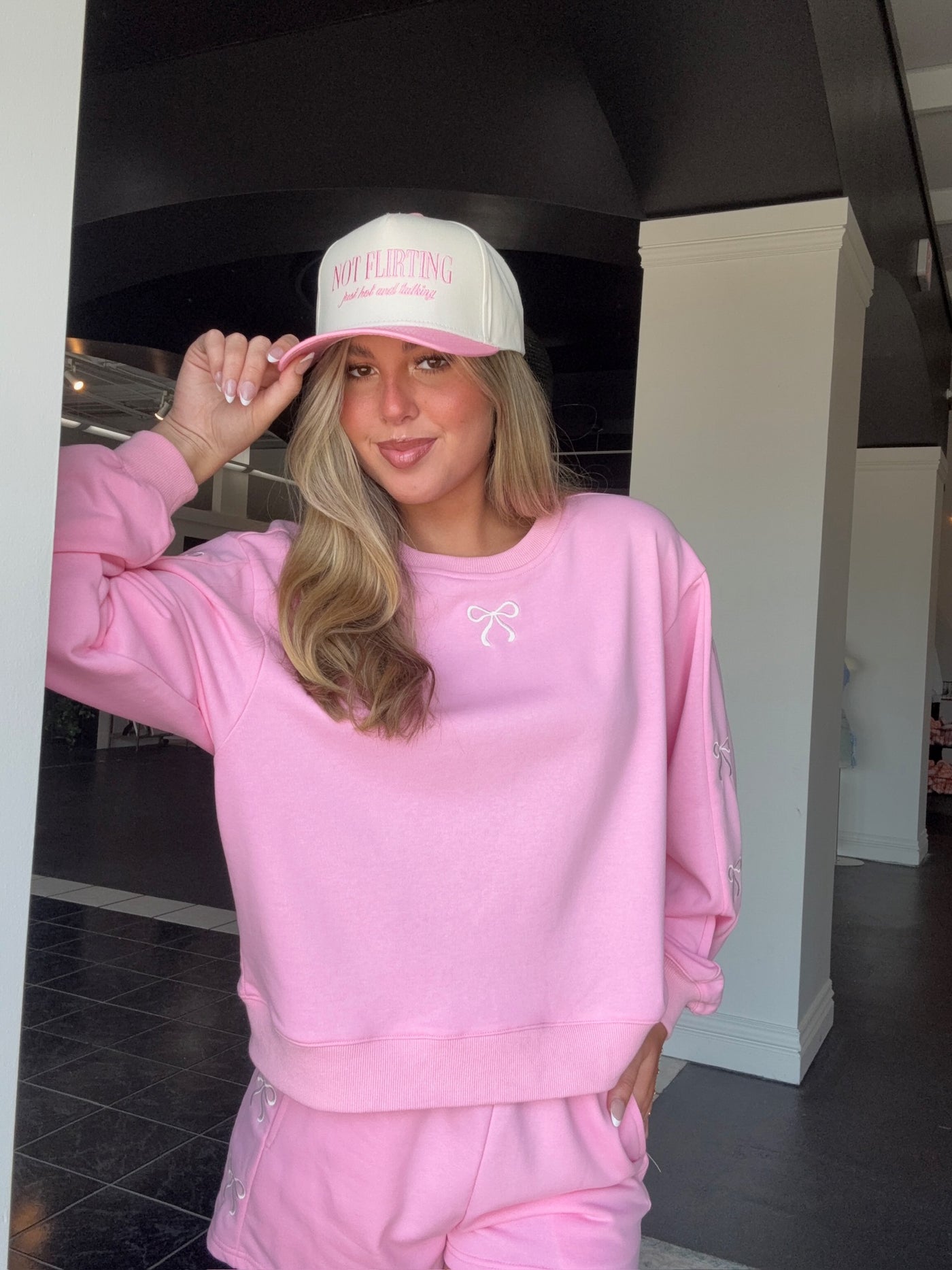 Bow Embroidered Crewneck- Pink-130 - TOPS - SWEATERS/SWEATSHIRTS-MAIN STRIP-[option4]-[option5]-[option6]-Leather & Lace Boutique Shop