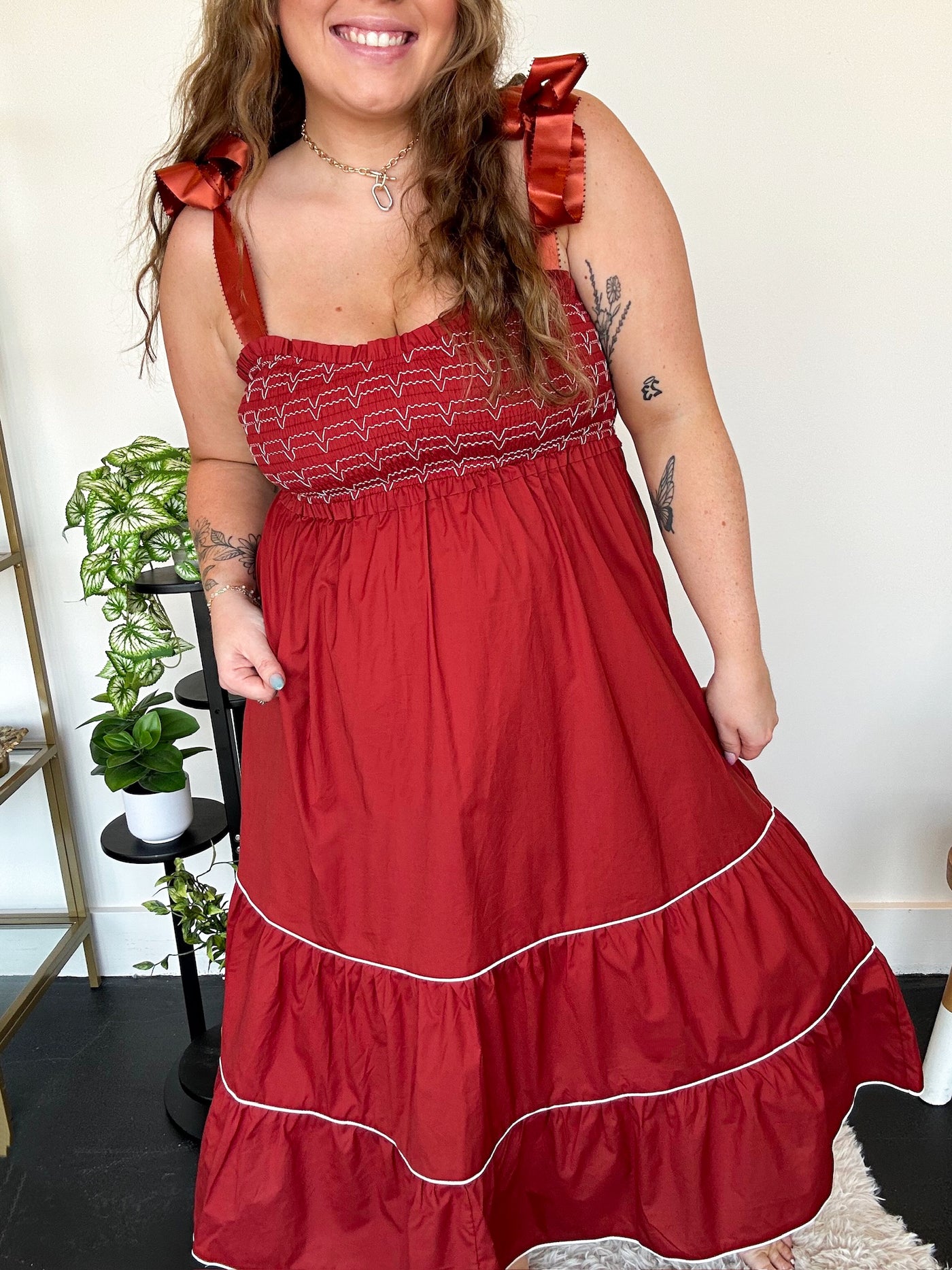 Poplin Smocked Midi Dress-170 - DRESSES-FANTASTIC FAWN-[option4]-[option5]-[option6]-Leather & Lace Boutique Shop
