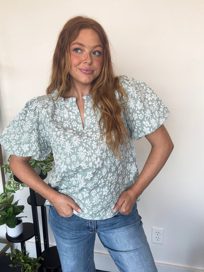 Floral Textured Balloon Sleeve Blouse- Sage-100 - TOPS - SHORT SLEEVE/SLEEVELESS-BIBI-[option4]-[option5]-[option6]-Leather & Lace Boutique Shop