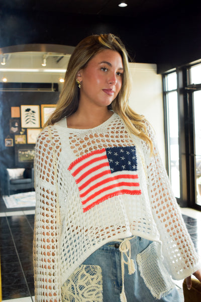 Open Knit Flag Pullover- White-140 - TOPS - LAYERS/OUTERWEAR-POL-[option4]-[option5]-[option6]-Leather & Lace Boutique Shop