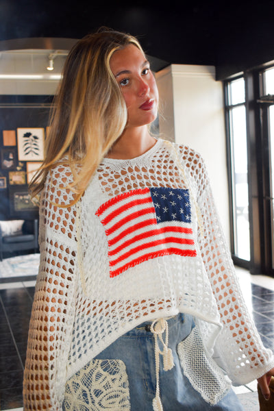 Open Knit Flag Pullover- White-140 - TOPS - LAYERS/OUTERWEAR-POL-[option4]-[option5]-[option6]-Leather & Lace Boutique Shop