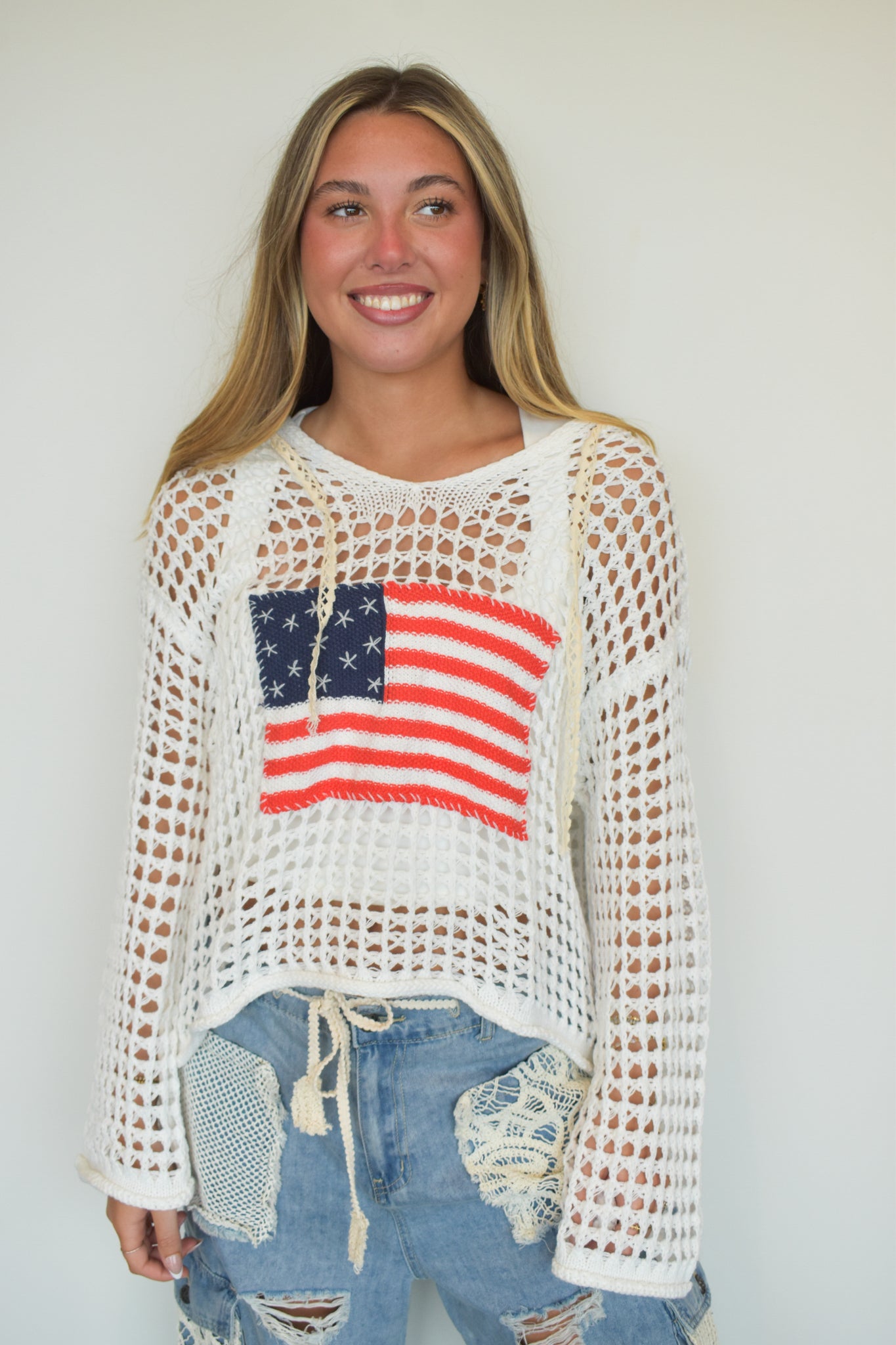 Open Knit Flag Pullover- White-140 - TOPS - LAYERS/OUTERWEAR-POL-[option4]-[option5]-[option6]-Leather & Lace Boutique Shop