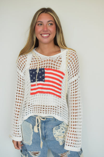 Open Knit Flag Pullover- White-140 - TOPS - LAYERS/OUTERWEAR-POL-[option4]-[option5]-[option6]-Leather & Lace Boutique Shop