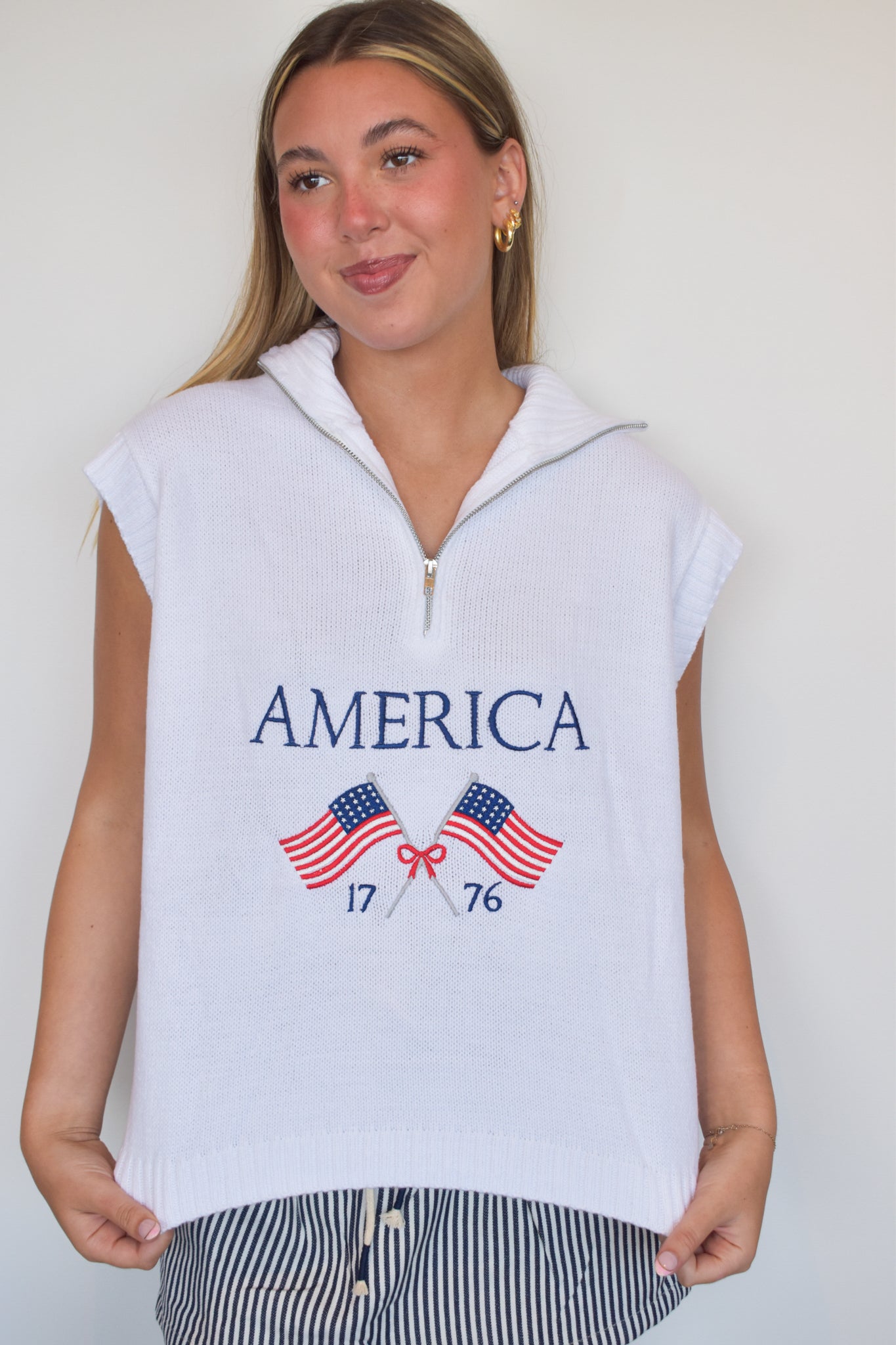 America Sleeveless Half-Zip Sweater Top-130 - TOPS - SWEATERS/SWEATSHIRTS-MUSTARD SEED-[option4]-[option5]-[option6]-Leather & Lace Boutique Shop