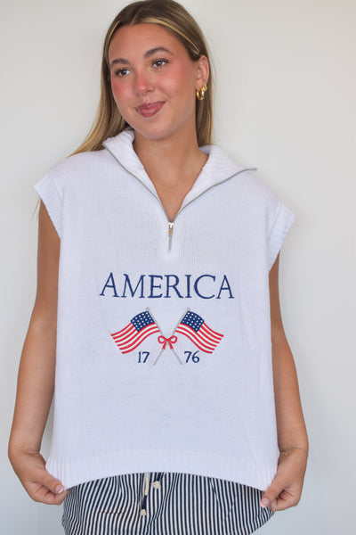 America Sleeveless Half-Zip Sweater Top-130 - TOPS - SWEATERS/SWEATSHIRTS-MUSTARD SEED-[option4]-[option5]-[option6]-Leather & Lace Boutique Shop