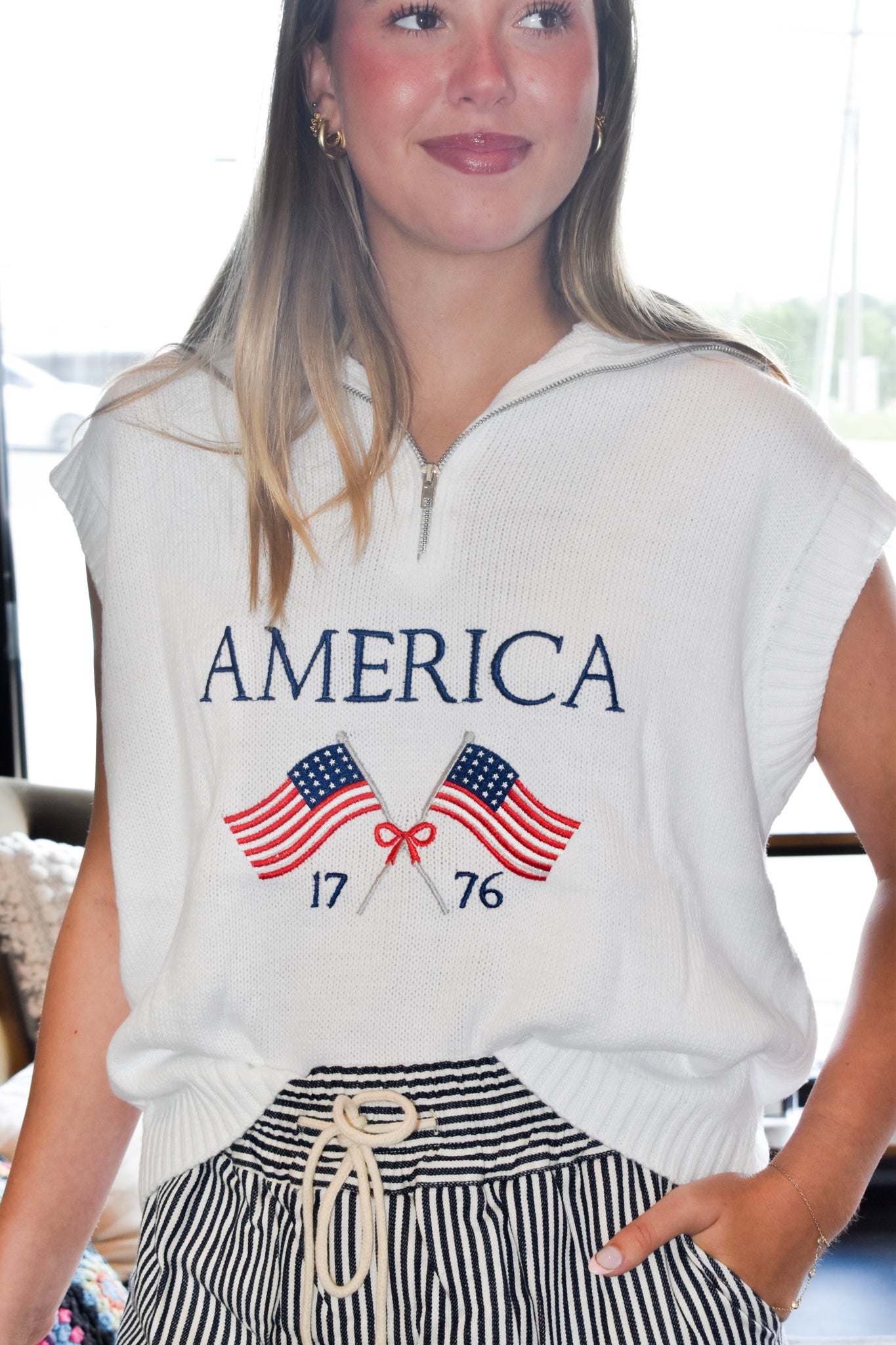 America Sleeveless Half-Zip Sweater Top-130 - TOPS - SWEATERS/SWEATSHIRTS-MUSTARD SEED-[option4]-[option5]-[option6]-Leather & Lace Boutique Shop