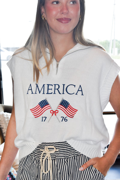 America Sleeveless Half-Zip Sweater Top-130 - TOPS - SWEATERS/SWEATSHIRTS-MUSTARD SEED-[option4]-[option5]-[option6]-Leather & Lace Boutique Shop