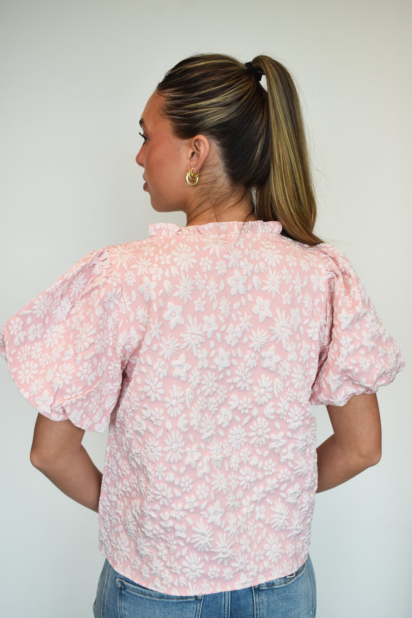 Floral Textured Ballon Sleeve Blouse- Blush-100 - TOPS - SHORT SLEEVE/SLEEVELESS-BIBI-[option4]-[option5]-[option6]-Leather & Lace Boutique Shop