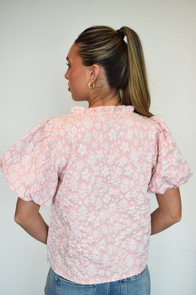 Floral Textured Ballon Sleeve Blouse- Blush-100 - TOPS - SHORT SLEEVE/SLEEVELESS-BIBI-[option4]-[option5]-[option6]-Leather & Lace Boutique Shop