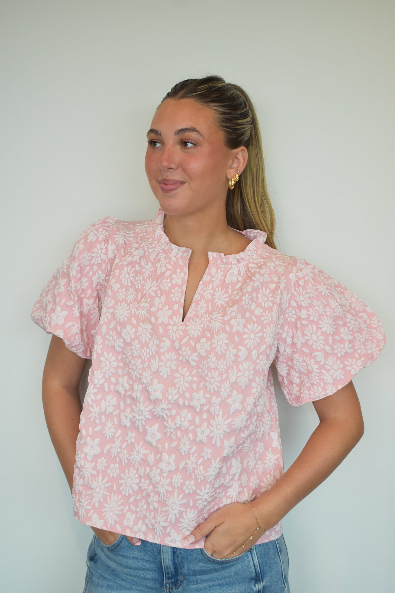 Floral Textured Ballon Sleeve Blouse- Blush-100 - TOPS - SHORT SLEEVE/SLEEVELESS-BIBI-[option4]-[option5]-[option6]-Leather & Lace Boutique Shop