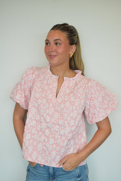 Floral Textured Ballon Sleeve Blouse- Blush-100 - TOPS - SHORT SLEEVE/SLEEVELESS-BIBI-[option4]-[option5]-[option6]-Leather & Lace Boutique Shop