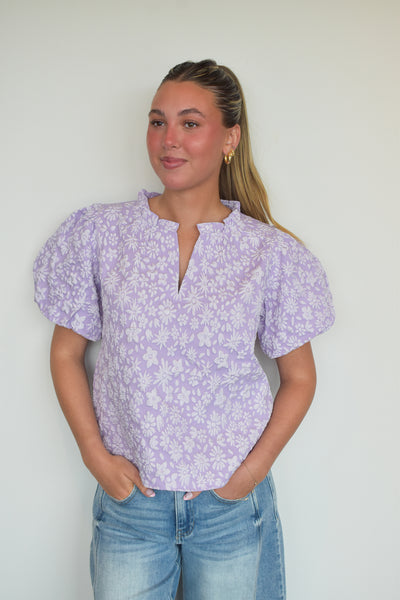 Floral Textured Ballon Sleeve Blouse- Lavender-100 - TOPS - SHORT SLEEVE/SLEEVELESS-BIBI-[option4]-[option5]-[option6]-Leather & Lace Boutique Shop