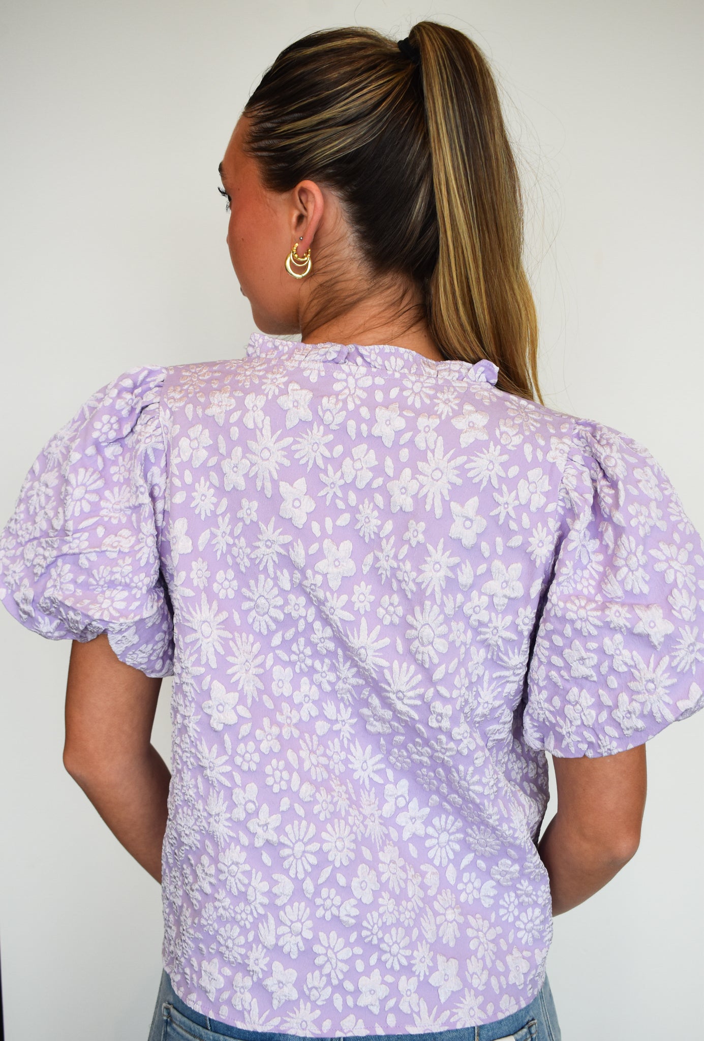 Floral Textured Ballon Sleeve Blouse- Lavender-100 - TOPS - SHORT SLEEVE/SLEEVELESS-BIBI-[option4]-[option5]-[option6]-Leather & Lace Boutique Shop