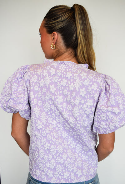 Floral Textured Ballon Sleeve Blouse- Lavender-100 - TOPS - SHORT SLEEVE/SLEEVELESS-BIBI-[option4]-[option5]-[option6]-Leather & Lace Boutique Shop