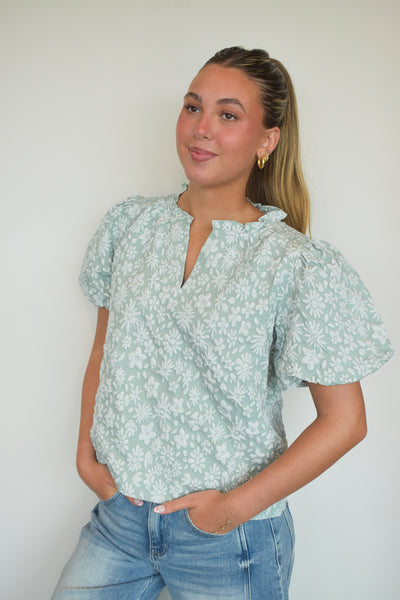 Floral Textured Ballon Sleeve Blouse- Sage-100 - TOPS - SHORT SLEEVE/SLEEVELESS-BIBI-[option4]-[option5]-[option6]-Leather & Lace Boutique Shop