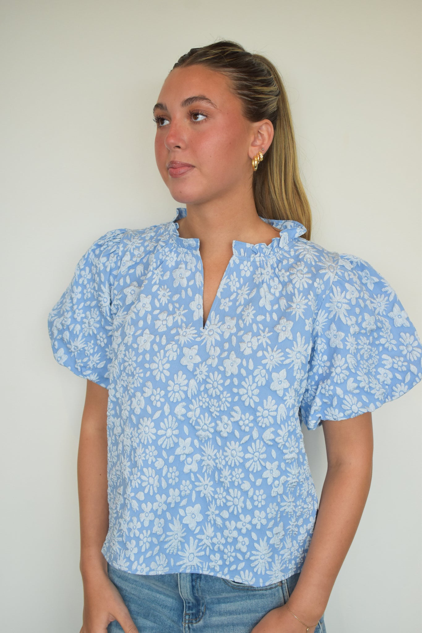 Floral Textured Ballon Sleeve Blouse- Light Blue-100 - TOPS - SHORT SLEEVE/SLEEVELESS-BIBI-[option4]-[option5]-[option6]-Leather & Lace Boutique Shop