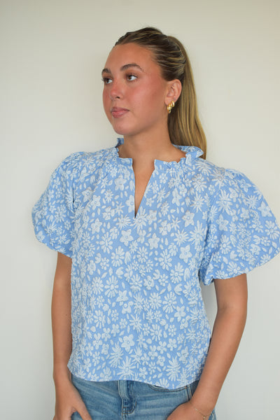 Floral Textured Ballon Sleeve Blouse- Light Blue-100 - TOPS - SHORT SLEEVE/SLEEVELESS-BIBI-[option4]-[option5]-[option6]-Leather & Lace Boutique Shop