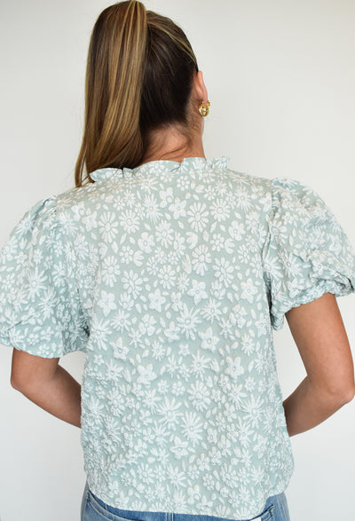 Floral Textured Ballon Sleeve Blouse- Sage-100 - TOPS - SHORT SLEEVE/SLEEVELESS-BIBI-[option4]-[option5]-[option6]-Leather & Lace Boutique Shop