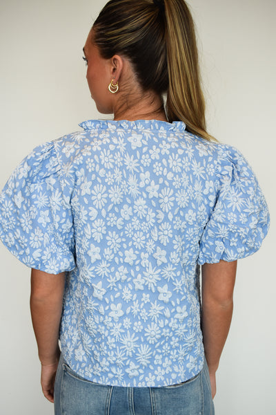 Floral Textured Ballon Sleeve Blouse- Light Blue-100 - TOPS - SHORT SLEEVE/SLEEVELESS-BIBI-[option4]-[option5]-[option6]-Leather & Lace Boutique Shop