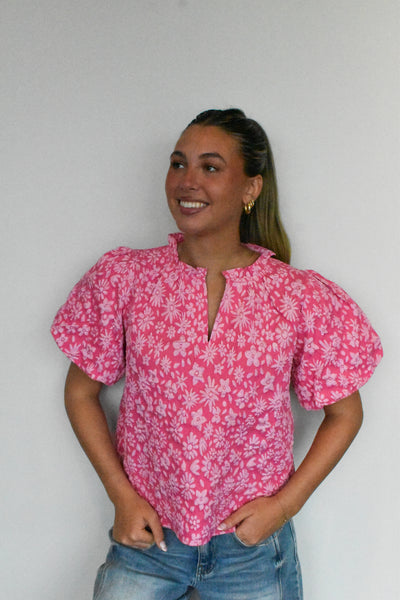 Floral Textured Ballon Sleeve Blouse- Fuschia-100 - TOPS - SHORT SLEEVE/SLEEVELESS-BIBI-[option4]-[option5]-[option6]-Leather & Lace Boutique Shop