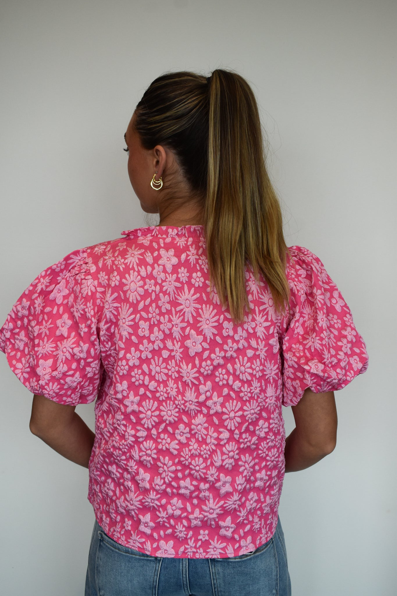 Floral Textured Ballon Sleeve Blouse- Fuschia-100 - TOPS - SHORT SLEEVE/SLEEVELESS-BIBI-[option4]-[option5]-[option6]-Leather & Lace Boutique Shop