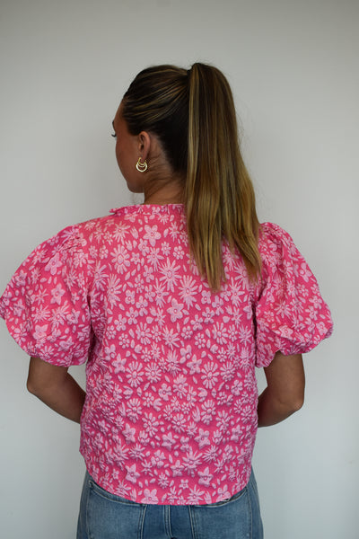 Floral Textured Ballon Sleeve Blouse- Fuschia-100 - TOPS - SHORT SLEEVE/SLEEVELESS-BIBI-[option4]-[option5]-[option6]-Leather & Lace Boutique Shop