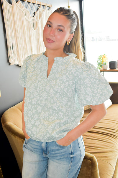 Floral Textured Ballon Sleeve Blouse- Sage-100 - TOPS - SHORT SLEEVE/SLEEVELESS-BIBI-[option4]-[option5]-[option6]-Leather & Lace Boutique Shop