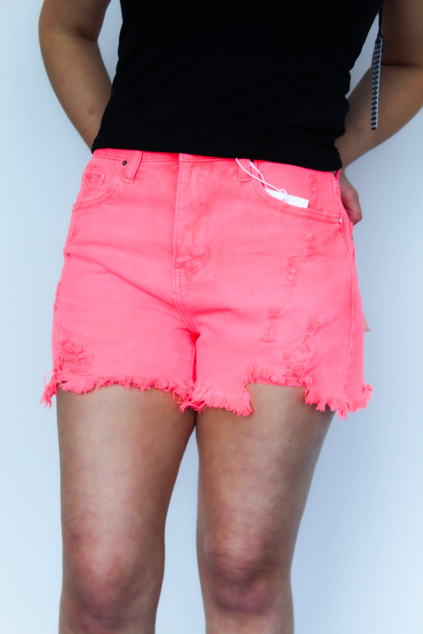 High Rise Distressed Detail Shorts- Bright Coral-160 - BOTTOMS - OTHER-RISEN JEANS-[option4]-[option5]-[option6]-Leather & Lace Boutique Shop