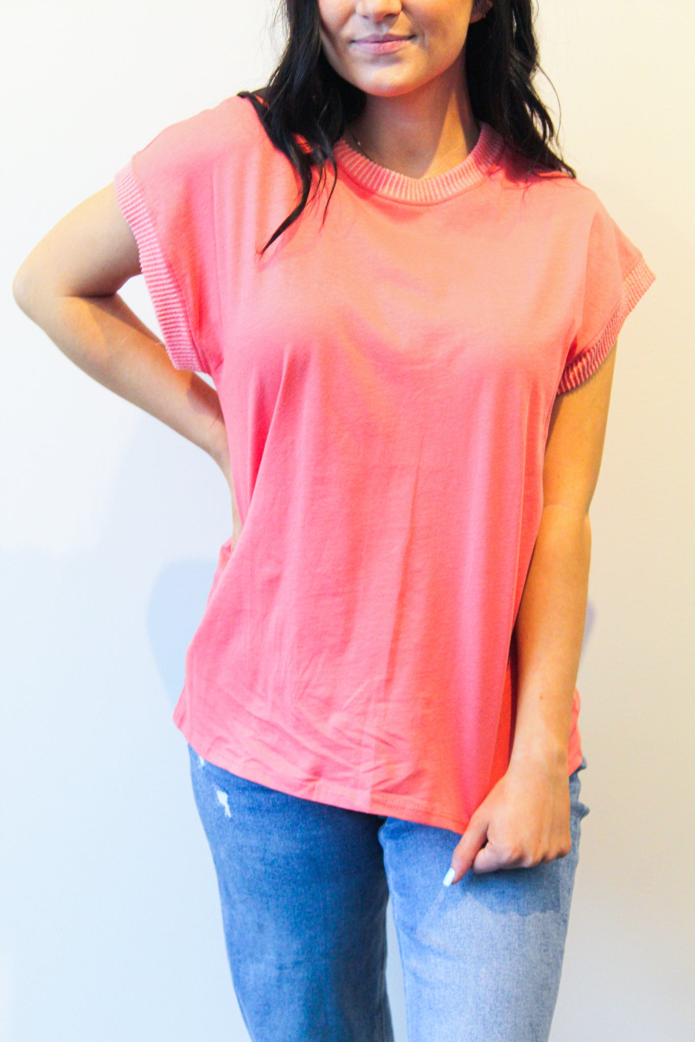 Ribbed Hem Casual Tee- Coral-100 - TOPS - SHORT SLEEVE/SLEEVELESS-TRES BIEN-[option4]-[option5]-[option6]-Leather & Lace Boutique Shop