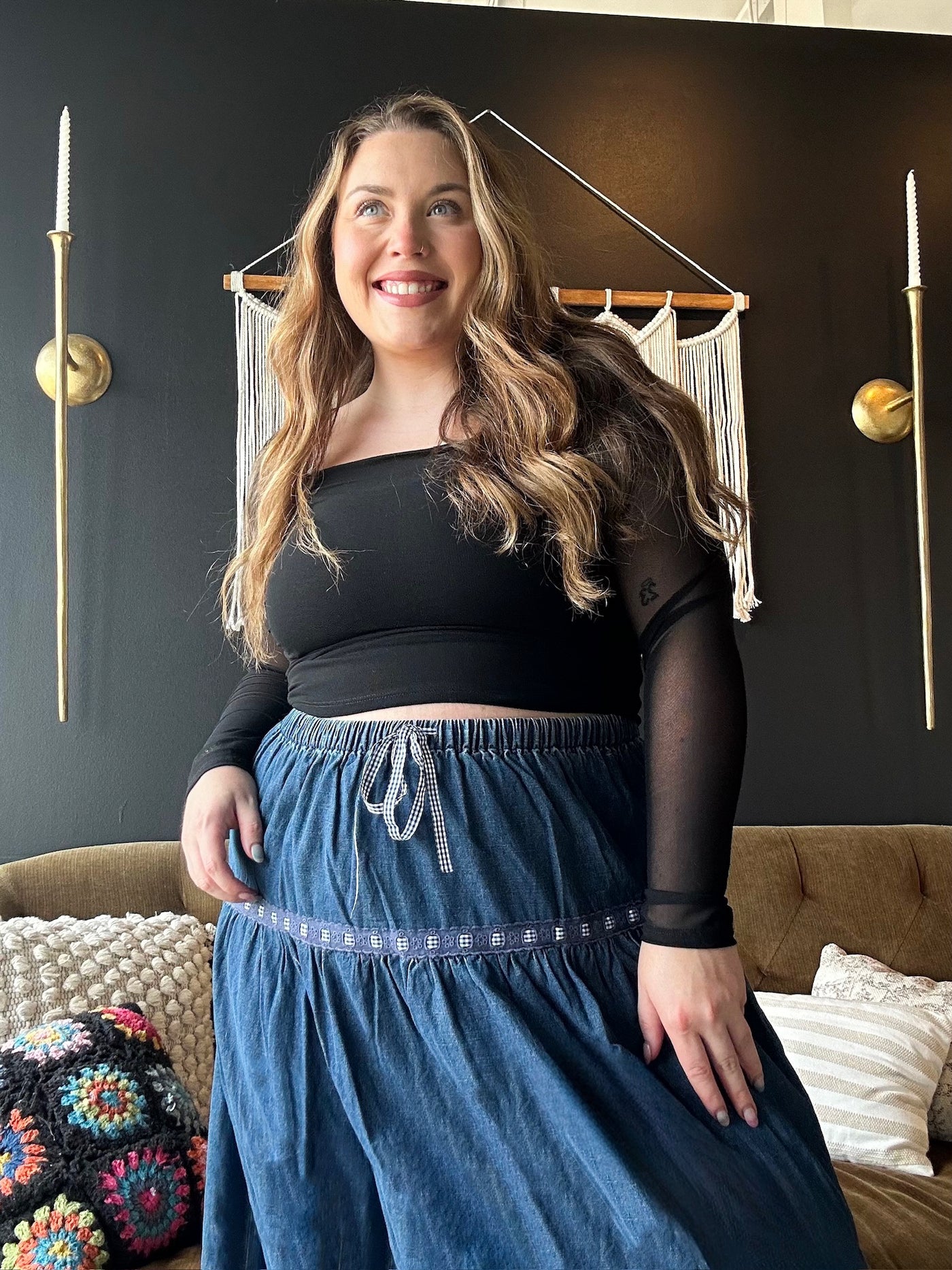 Eyelet Denim Maxi Skirt-160 - BOTTOMS - OTHER-CREAMON-[option4]-[option5]-[option6]-Leather & Lace Boutique Shop