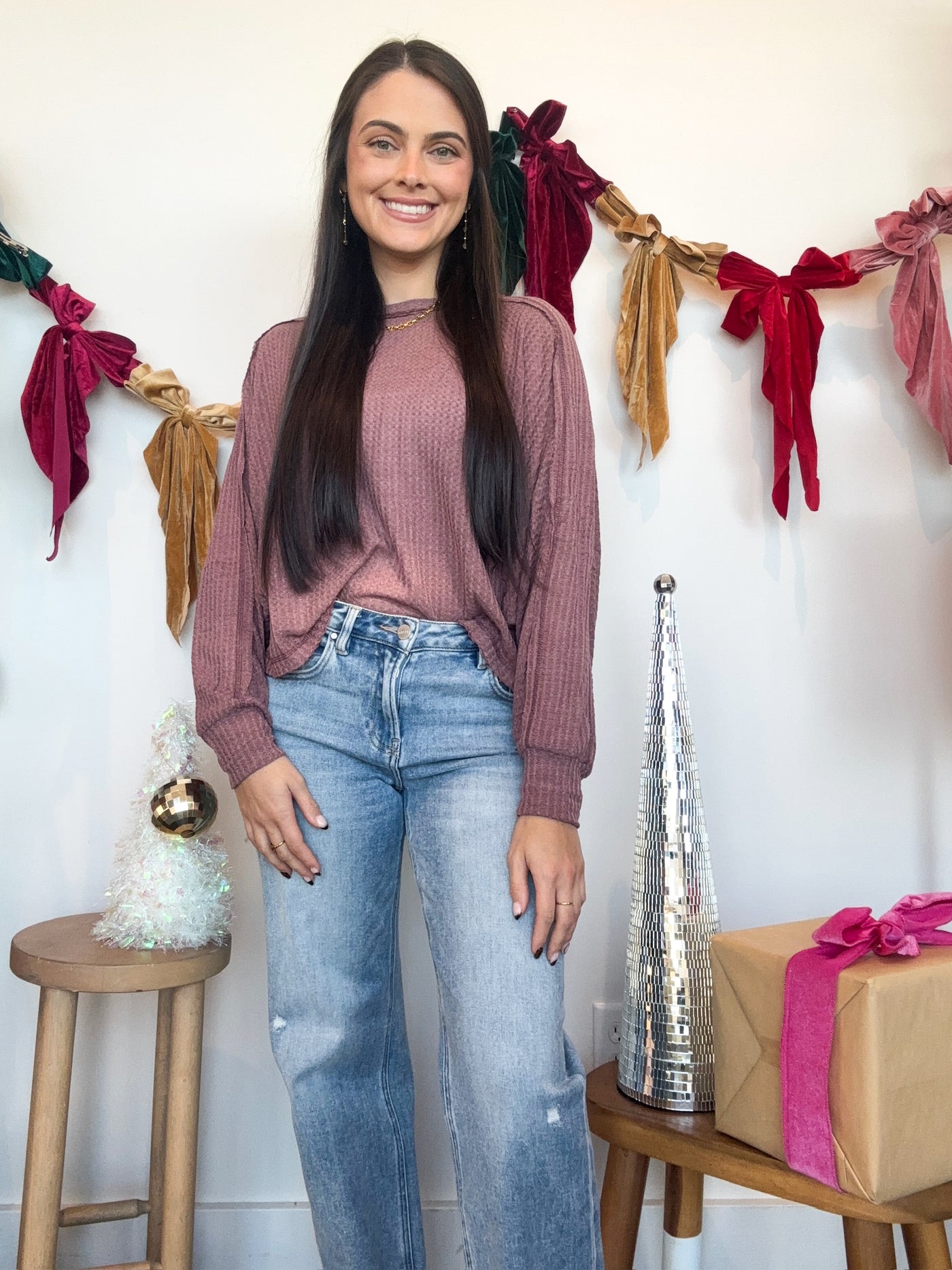 Waffle Knit Long Sleeve- Mauve-190 - ACCESSORIES - HATS/HEADWEAR-LA MIEL-[option4]-[option5]-[option6]-Leather & Lace Boutique Shop