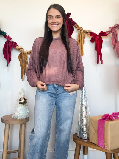 Waffle Knit Long Sleeve- Mauve-190 - ACCESSORIES - HATS/HEADWEAR-LA MIEL-[option4]-[option5]-[option6]-Leather & Lace Boutique Shop