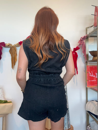 Denim Collared Romper- Black