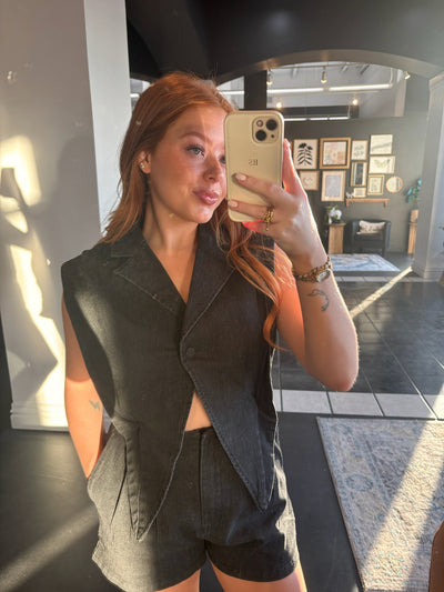 Denim Collared Romper- Black