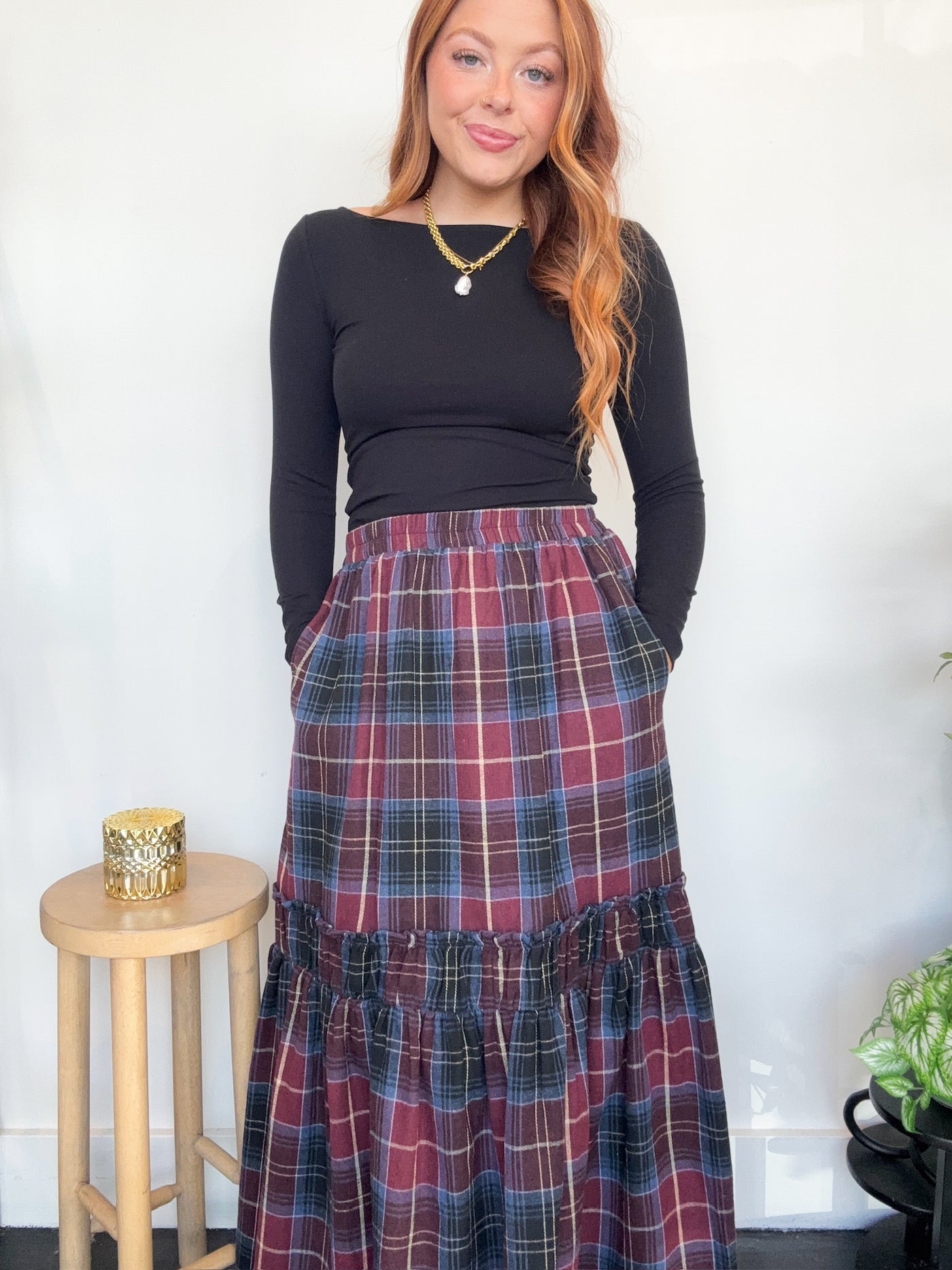 Plaid Tiered Maxi Skirt