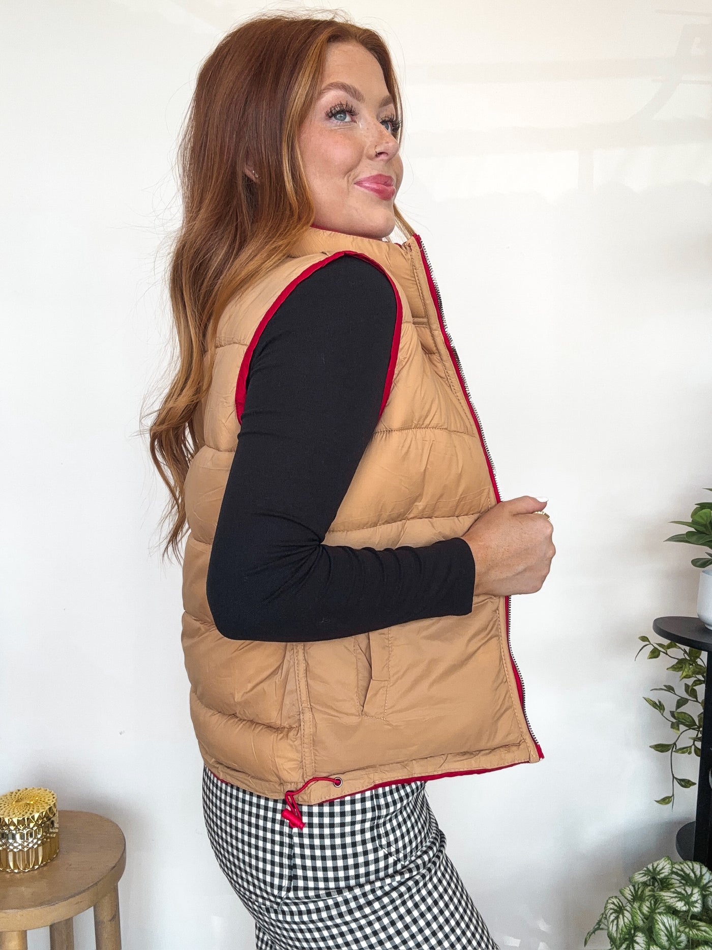 Reversible Puffer Vest- Red/Tan