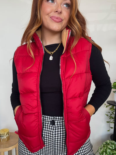 Reversible Puffer Vest- Red/Tan